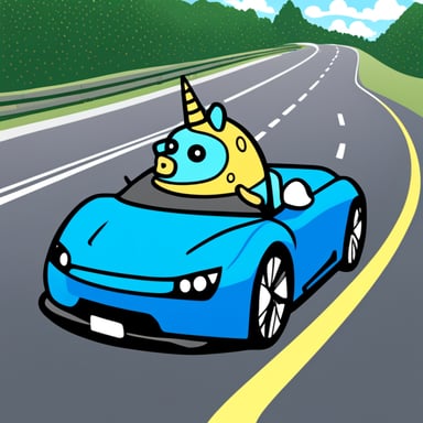 Go blue gopher driving a unicorn on the autobahn.