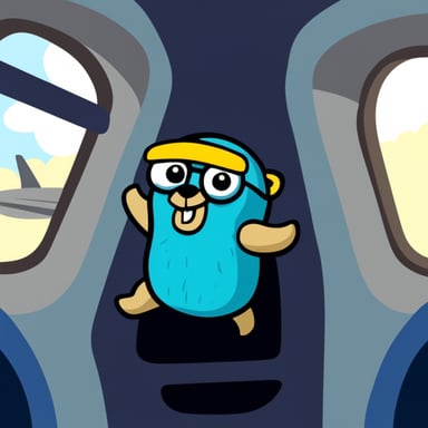 Go Blue Gopher flying in a plane.