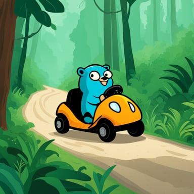 Go Blue Gopher driving a go-cart in the rainforest.