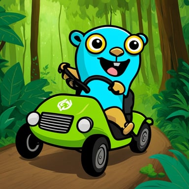 Go Blue Gopher driving a go-cart in the rainforest.