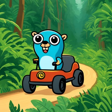 Go Blue Gopher driving a go-cart in the rainforest.