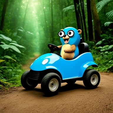 Go Blue Gopher driving a go-cart in the rainforest.