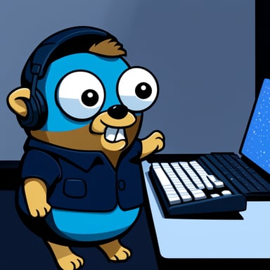 Go Blue Gopher in dark blue shirt standing at a table next to a mechanical keyboard.