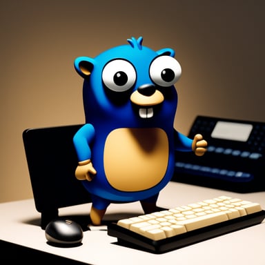 Go Blue Gopher in dark blue shirt standing at a table next to a mechanical keyboard.
