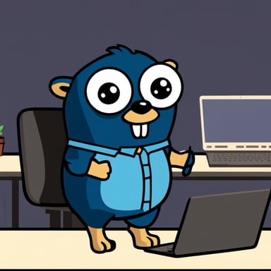 Go Blue Gopher in dark blue shirt standing at a table next to a mechanical keyboard.