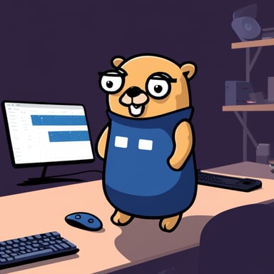 Go Blue Gopher in dark blue shirt standing at a table next to a mechanical keyboard.