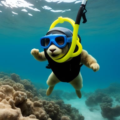 Go Blue Gopher with mask, snorkel, and fins free diving.