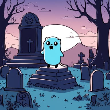 A ghost Go Blue Gopher in a graveyard. On screen, a grave says Java.