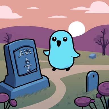 A ghost Go Blue Gopher in a graveyard. On screen, a grave says Java.