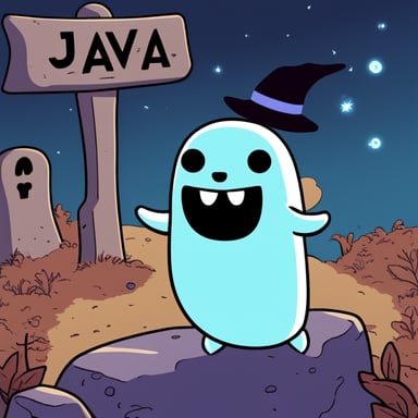 A ghost Go Blue Gopher in a graveyard. On screen, a grave says Java.