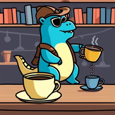 Go Blue Gopher riding a T-rex while drinking coffee.