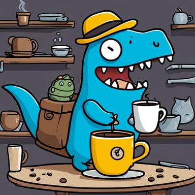Go Blue Gopher riding a T-rex while drinking coffee.