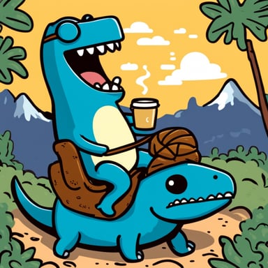 Go Blue Gopher riding a T-rex while drinking coffee.