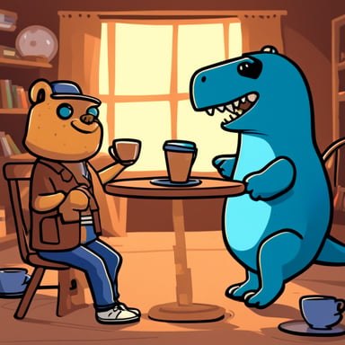Go Blue Gopher riding a T-rex while drinking coffee.