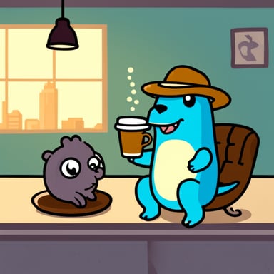 Go Blue Gopher riding a T-rex while drinking coffee.