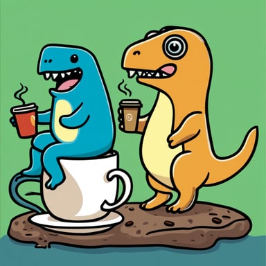 Go Blue Gopher riding a T-rex while drinking coffee.