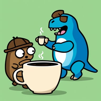 Go Blue Gopher riding a T-rex while drinking coffee.