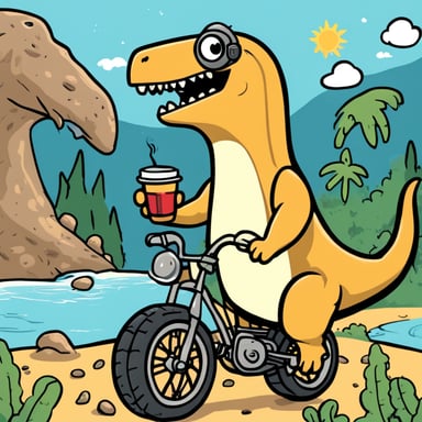 Go Blue Gopher is seen riding a T-rex while sipping coffee atop the dinosaur.