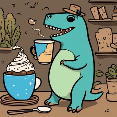 Go Blue Gopher is seen riding a T-rex while sipping coffee atop the dinosaur.