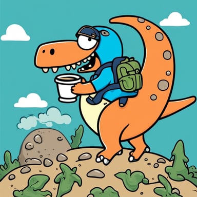 Go Blue Gopher is seen riding a T-rex while sipping coffee atop the dinosaur.