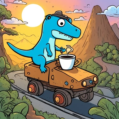 Go Blue Gopher is seen riding a T-rex while sipping coffee atop the dinosaur.