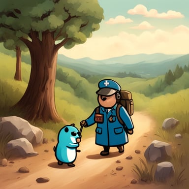 A medic Go Blue Gopher healing another wounded gopher.