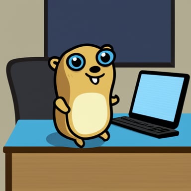 Happy Go Blue Gopher, standing by a desk where a mechanical keyboard can be won.