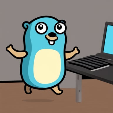Happy Go Blue Gopher, standing by a desk where a mechanical keyboard can be won.