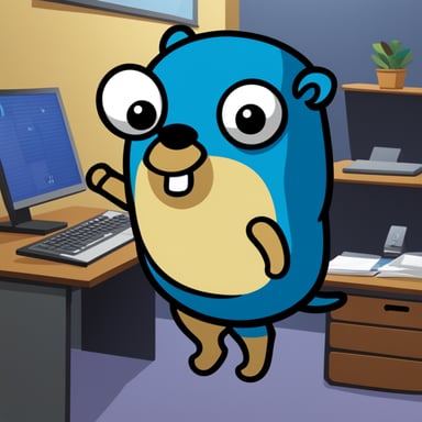 Happy Go Blue Gopher, standing by a desk where a mechanical keyboard can be won.