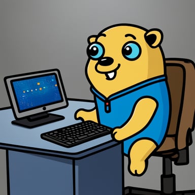 Happy Go Blue Gopher, standing by a desk where a mechanical keyboard can be won.
