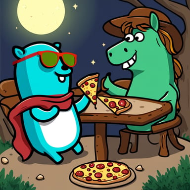 Go Blue Gopher enjoys a slice of pizza while sitting close to a green horse.