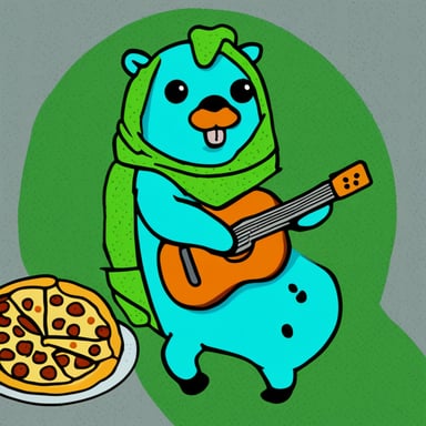 Go Blue Gopher enjoys a slice of pizza while sitting close to a green horse.