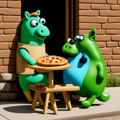 Go Blue Gopher enjoys a slice of pizza while sitting close to a green horse.