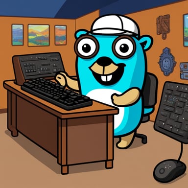 Go Blue Gopher is standing at a festival desk, where a mechanical keyboard is raffled.