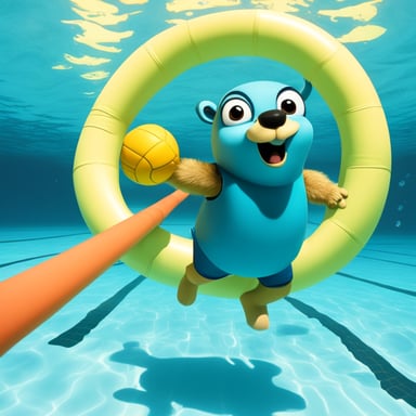 Go Blue Gopher scoring a goal at the bottom of a swimming pool in underwater rugby. The goal is a grid basket at the floor of the pool.