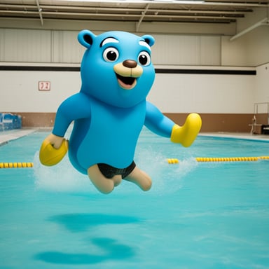 Go Blue Gopher scoring a goal at the bottom of a swimming pool in underwater rugby. The goal is a grid basket at the floor of the pool.
