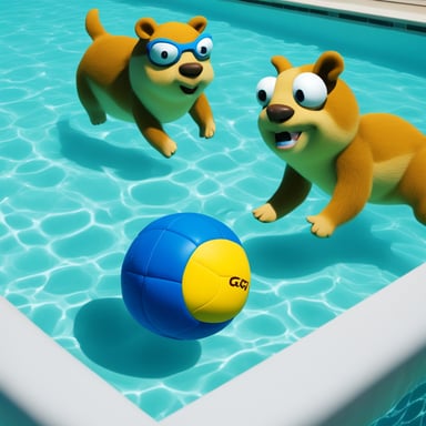 Go Blue Gopher scoring a goal at the bottom of a swimming pool in underwater rugby. The goal is a grid basket at the floor of the pool.