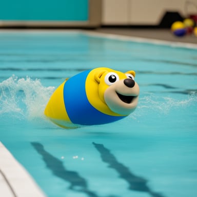 Go Blue Gopher scoring a goal at the bottom of a swimming pool in underwater rugby. The goal is a grid basket at the floor of the pool.
