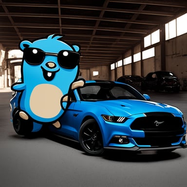 Go Blue Gopher with a black Ford Mustang GT.