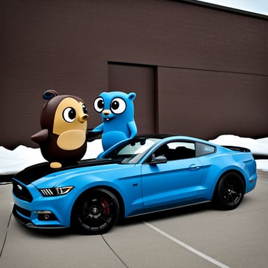 Go Blue Gopher with a black Mustang GT.