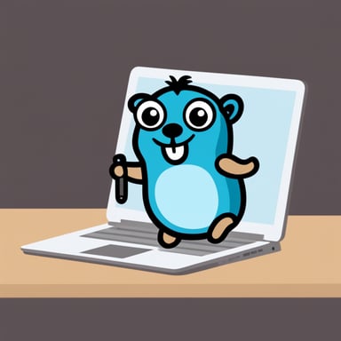 Happy Go Blue Gopher with a Stackit Logo hacking on a laptop.