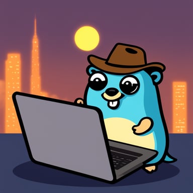 Happy Go Blue Gopher with a Stackit Logo hacking on a laptop.