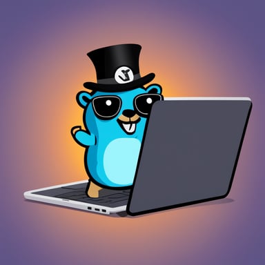 Happy Go Blue Gopher with a Stackit Logo hacking on a laptop.