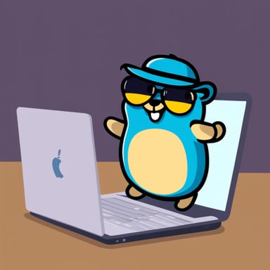 Happy Go Blue Gopher with a Stackit Logo hacking on a laptop.