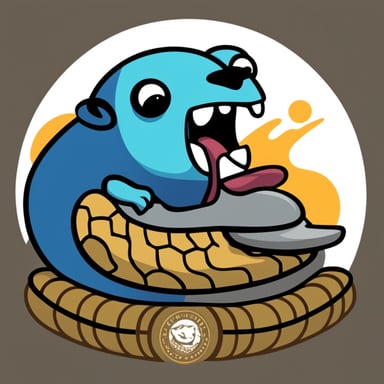 On the right side is Go Blue Gopher. It is eating the tail of a large Python snake in Python logo colors, facing the camera with a scared face.