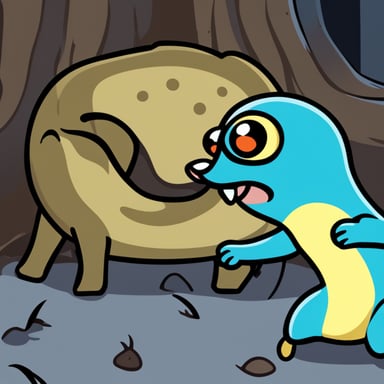On the right side is Go Blue Gopher. It is eating the tail of a large Python snake in Python logo colors, facing the camera with a scared face.