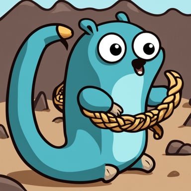 On the right side is Go Blue Gopher. It is eating the tail of a large Python snake in Python logo colors, facing the camera with a scared face.