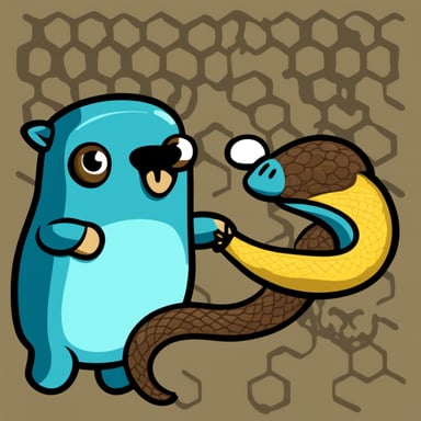 On the right side is Go Blue Gopher. It is eating the tail of a large Python snake in Python logo colors, facing the camera with a scared face.