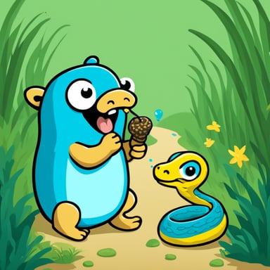 Go Blue Gopher eats a yellow-blue large Python snake.