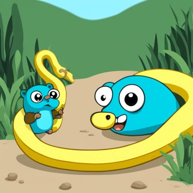 Go Blue Gopher eats a yellow-blue large Python snake.
